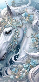 Majestic unicorn with blue floral accents in fantasy art wallpaper.