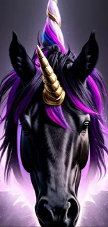 Majestic unicorn with a golden horn and purple highlights in a fantasy art style.