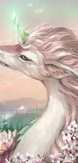 Enchanting unicorn with a glowing horn in pastel scenery.