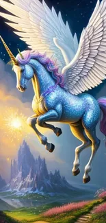 Majestic blue unicorn with wings in a mystical landscape.