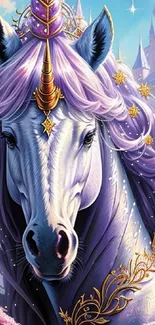 Majestic unicorn with purple mane by a castle in fantasy art wallpaper.