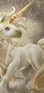 Majestic unicorn with a golden mane under a dreamy sky in fantasy artwork.