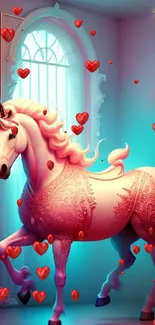 Majestic pink unicorn in a whimsical pastel-themed room.