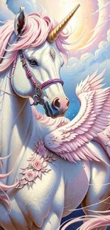 Stunning unicorn with pink mane and wings in a celestial fantasy setting.