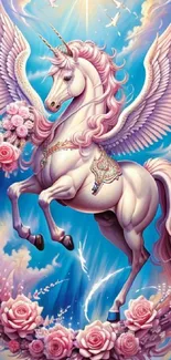 Majestic unicorn with wings and roses in a fantasy sky.