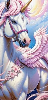 Majestic unicorn with pink mane and wings in a celestial fantasy sky.