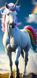 A majestic unicorn with rainbows on a fantasy backdrop.