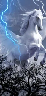 A majestic unicorn flies through a stormy sky with lightning in a fantasy artwork.