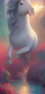 Majestic unicorn in a colorful fantasy landscape mobile wallpaper.