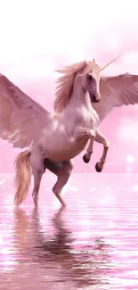 Unicorn spreads wings over pink water in a magical fantasy scene.