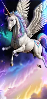 Unicorn with wings and rainbow mane in a fantasy sky background.