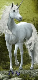 Majestic white unicorn in a lush, enchanted forest setting.