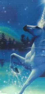 Majestic unicorn under a starry, blue night sky.