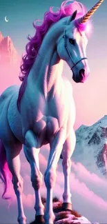 Majestic unicorn with pink mane in a mystical mountain setting.