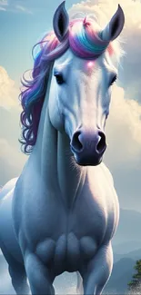 A majestic unicorn with a rainbow mane under a dreamy sky.