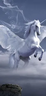 Majestic white unicorn with wings soaring through a mystical cloudy sky.