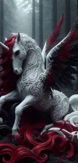 Majestic unicorn with red and black wings in a mystic forest.