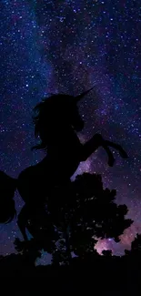 Silhouette of unicorn against starry galaxy night sky background.