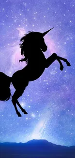 Silhouette of a unicorn against a starry galaxy background in purple hues.