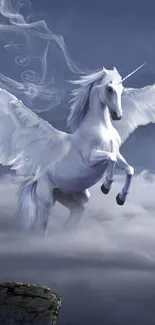 Majestic winged unicorn soaring through cloudy skies with a mystical aura.