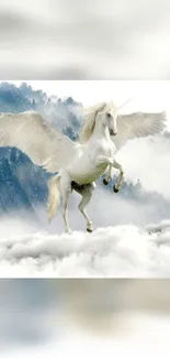 Majestic white unicorn flying over misty clouds.