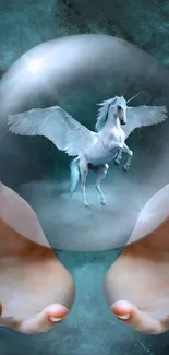 Flying unicorn inside a crystal ball with a teal background