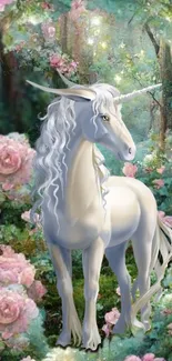 White unicorn surrounded by pink roses in an enchanted forest.