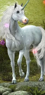 Majestic unicorn in an enchanted forest setting, lush and mystical.