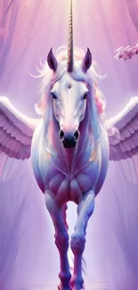 Beautiful unicorn with wings in a pink and purple forest scene.