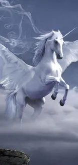 Majestic unicorn flying through clouds in a mystical wallpaper.