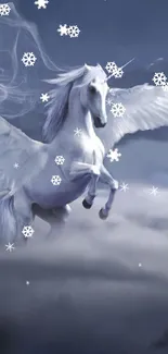 Magical unicorn flying through snowy landscape.