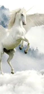 Unicorn flying through snowy clouds in enchanting artwork.