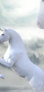 A majestic white unicorn in a foggy forest setting mobile wallpaper.