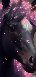 Unicorn with purple mane illuminated by pink light.