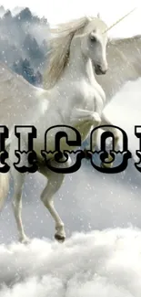 Majestic unicorn among clouds and snow.