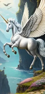 Winged unicorn soaring over blue cliffside landscape.