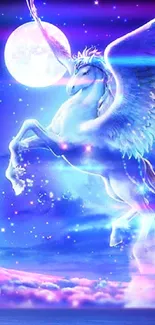 Magical unicorn flying against a moonlit sky in a mystical fantasy landscape.