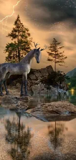 Fantasy unicorn in a magical mountain landscape reflecting in serene waters.