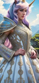 Unicorn princess in elegant armor with mountain backdrop in a fantasy setting.