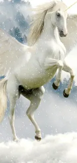 A majestic unicorn with wings flies through a snowy landscape.