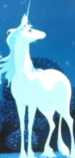 A majestic unicorn stands in a moonlit forest scene.