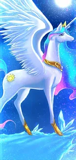 Majestic unicorn under moonlit sky with colorful mane and wings.