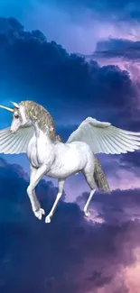 Majestic unicorn with wings against vibrant purple sky backdrop.