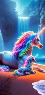 Unicorns resting by a vibrant waterfall.