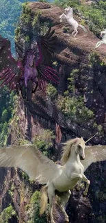 Unicorns flying over a lush cliff landscape.