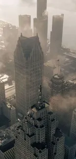 Aerial view of a foggy urban skyline with towering skyscrapers.