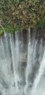 Vertical view of a majestic waterfall with lush greenery.