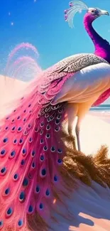 Pink and purple peacock on a beach background with vibrant feathers.