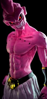 Anime character with pink skin on a black background, showcasing a menacing stance.