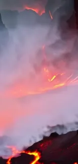 Lava flowing down a smoke-covered volcano.